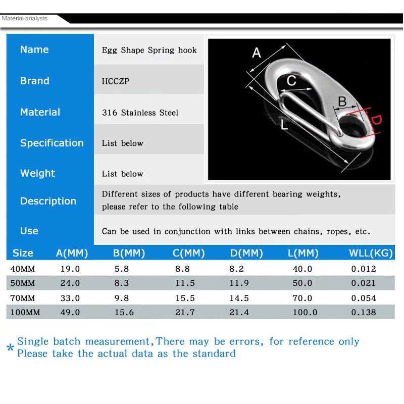 100mm Egg Shape Spring Snap Hooks 316 Stainless Steel Hiking Camping Belt Carabiner Quick Release Carabiner Buckle Eye Shackle