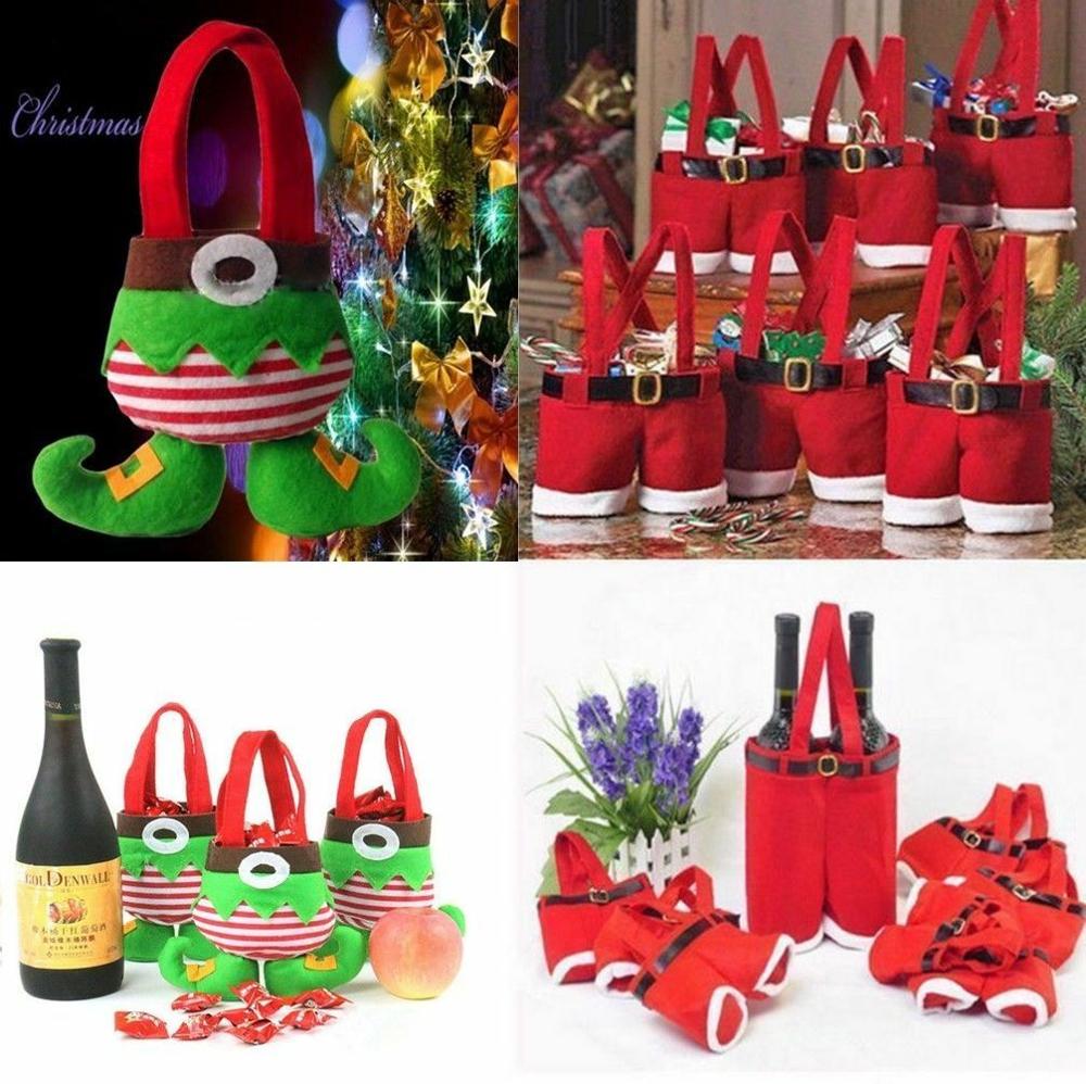 Santa Broek Kerst Snoep Zakken Wijn Kous Fles Bag Xmas Decoratie Partij Decoratie Kids Koekjes Snoep Packagin