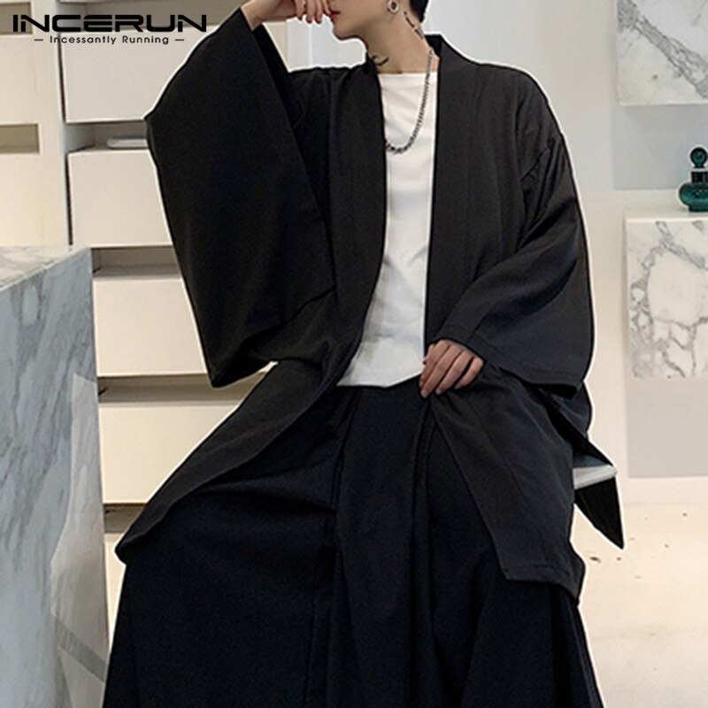 Mannen Vest Open Stitch Losse Lange Mouwen Streetwear Geul Chic Vintage Punk Solid Lange Jassen Heren Mantel Cape Incerun 5XL