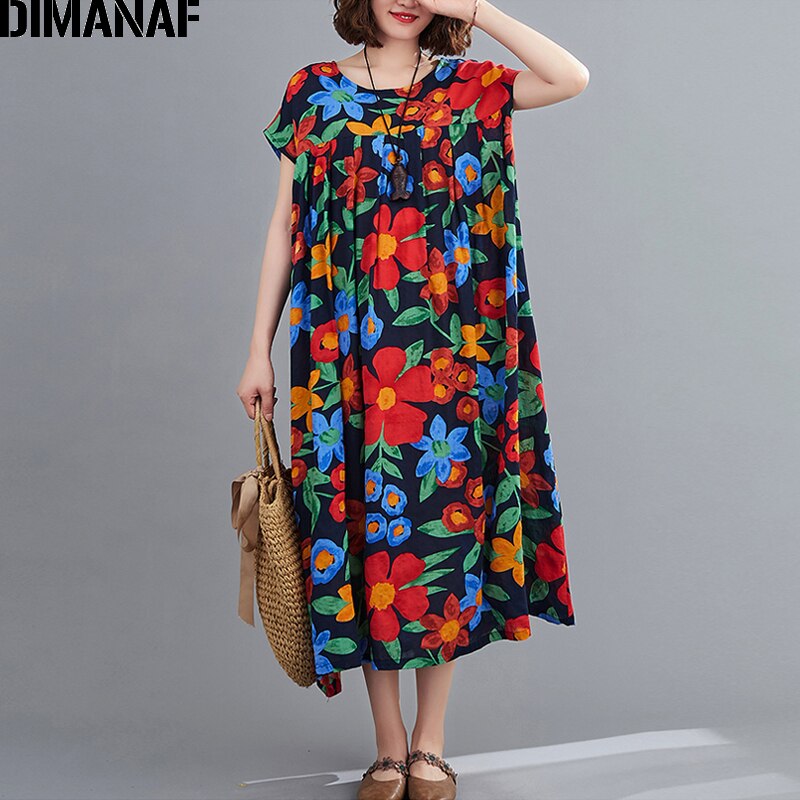 Dimanaf sommer plus størrelse kvinder kjole strand stil kvinde vestidos solkjole løst print blomster plisseret dame lang kjole
