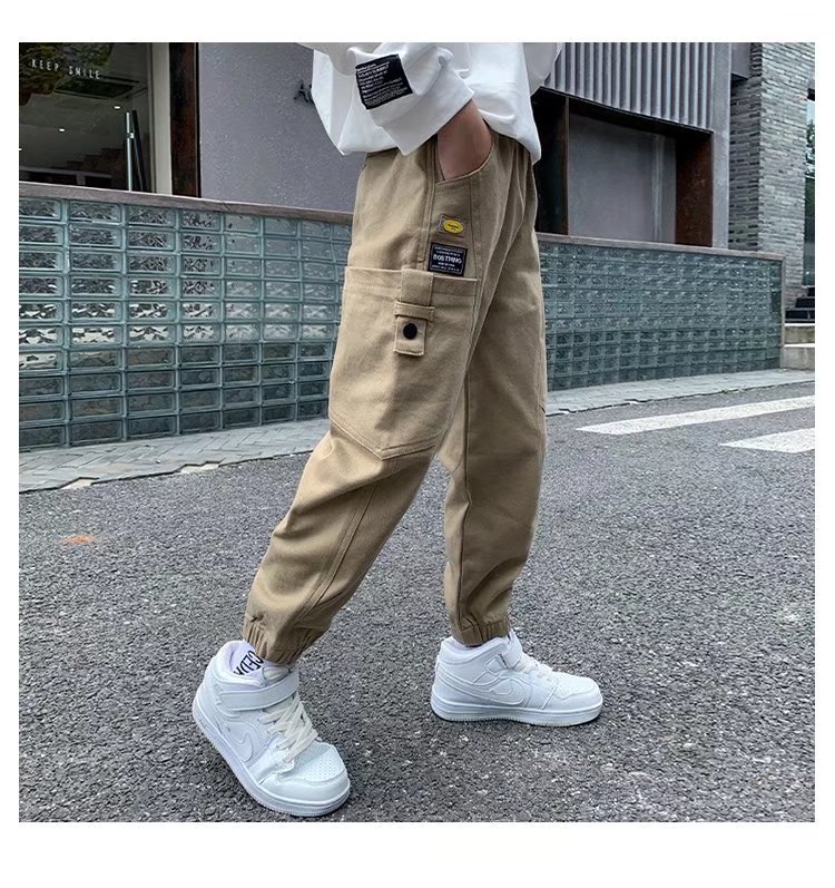 Boys' Pants Spring and Autumn Overalls Children's Loose Casual Children's Clothing Leggings Are Thin Slender Legs: T022-Khaki / 120