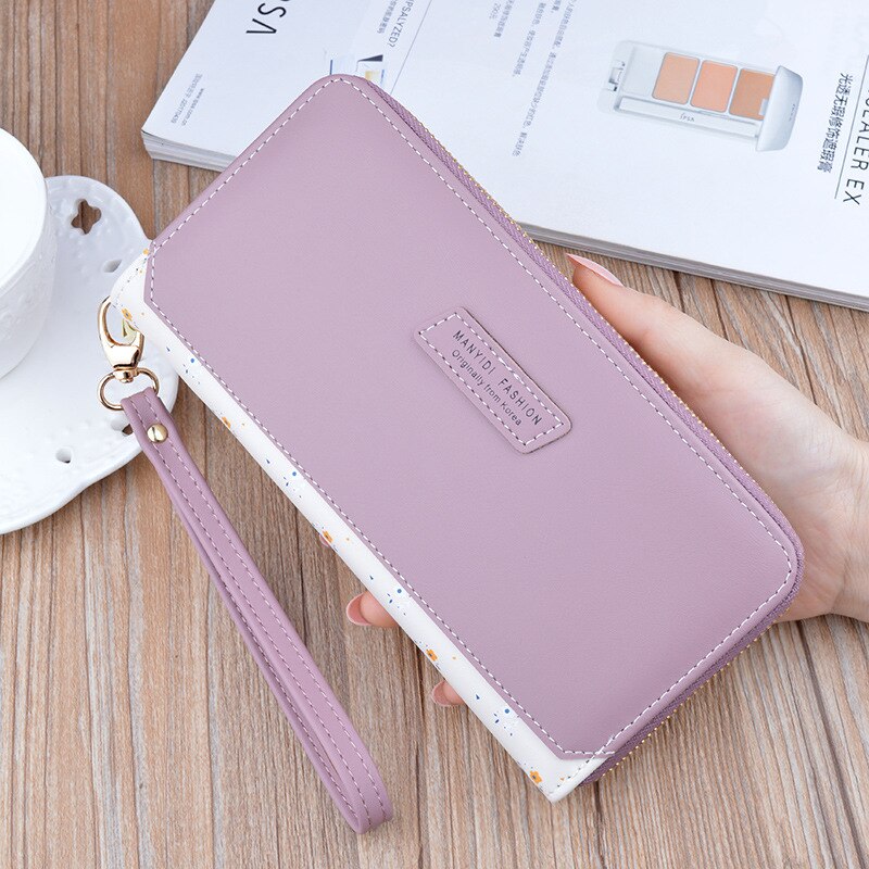 Dames portemonnee lange portemonnee rits handtas koreaanse eenvoudige contrasterende kleur portemonnee grote capaciteit zachte leren mobiele telefoon tas: Paars