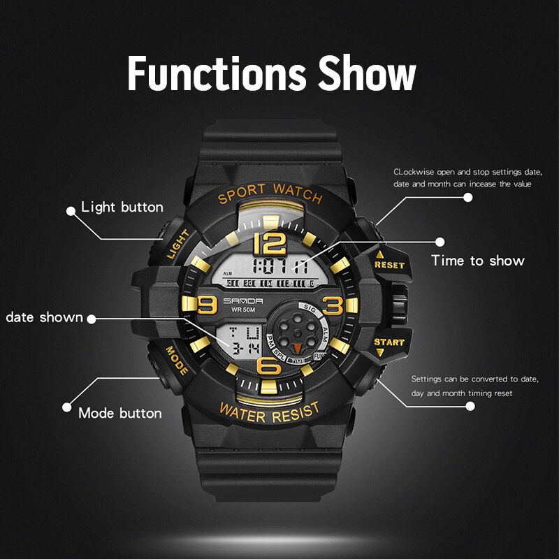 Digital Watches Waterproof Alarm-clock Electronic Movement Watch Sport Chronograph Wristwatch Men SANDA Top Brand reloj hombre