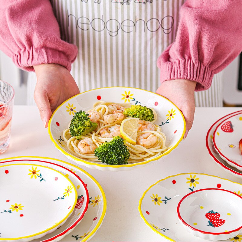Ceramic Plate Cutlery Strawberry Sun Flower Cartoon Pattern Home Cute Steak Western Food Main Dish Taste Dish Kitchen Tool