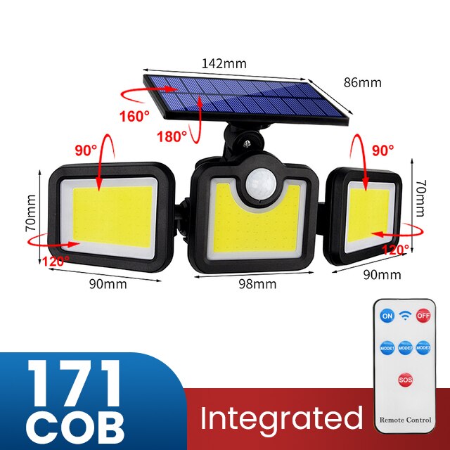 Solar Led Light Outdoor Lighting 3 Head Motion Sensor Wide Angle Illumination Super Bright Waterproof Remote Control Wall Lamp: Integrated-171 COB