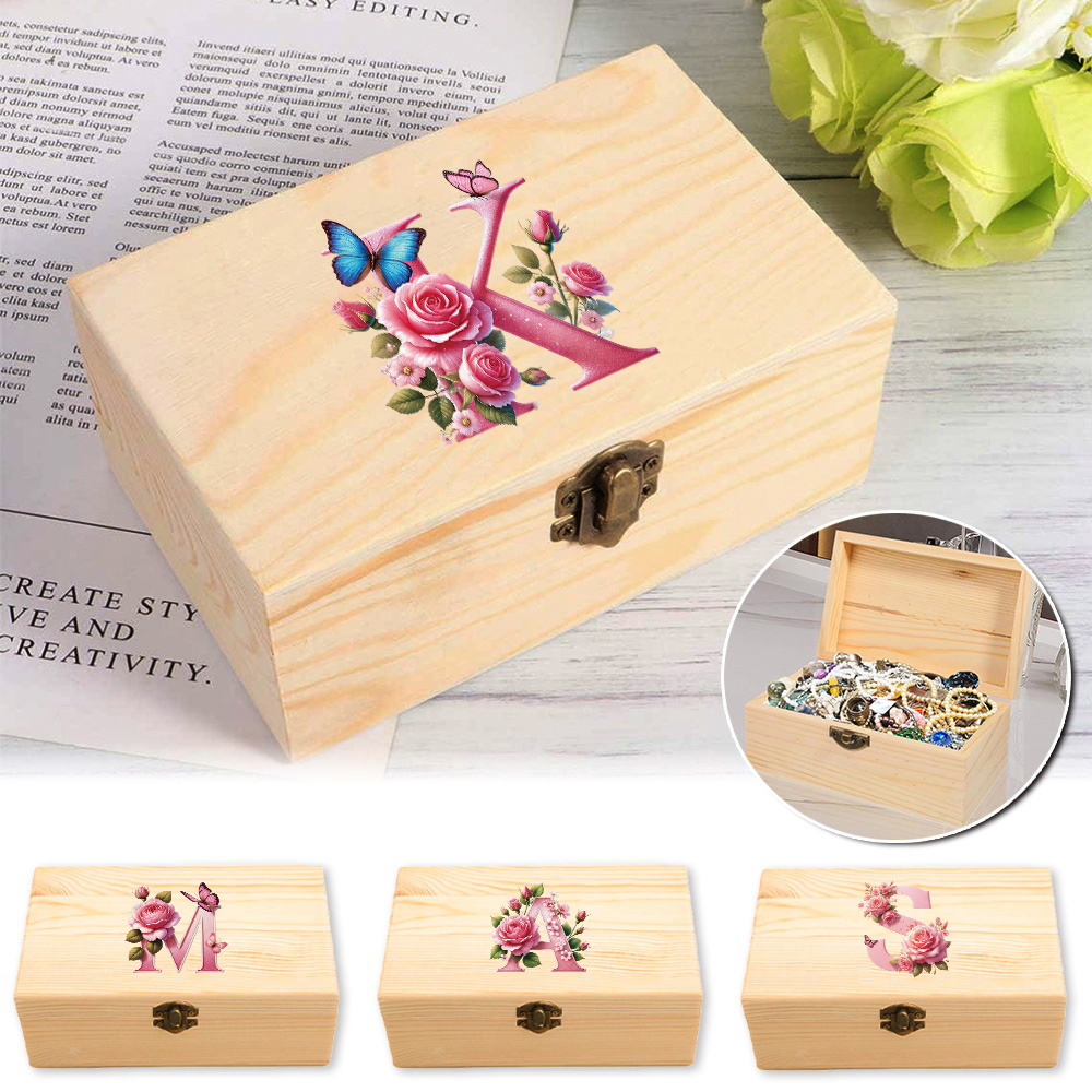 Wooden Storage Box With Hinged Lid Durable Multifunctional Case Crafts Jewelry Boxes For Household Pink Butterfly Letter Pattern