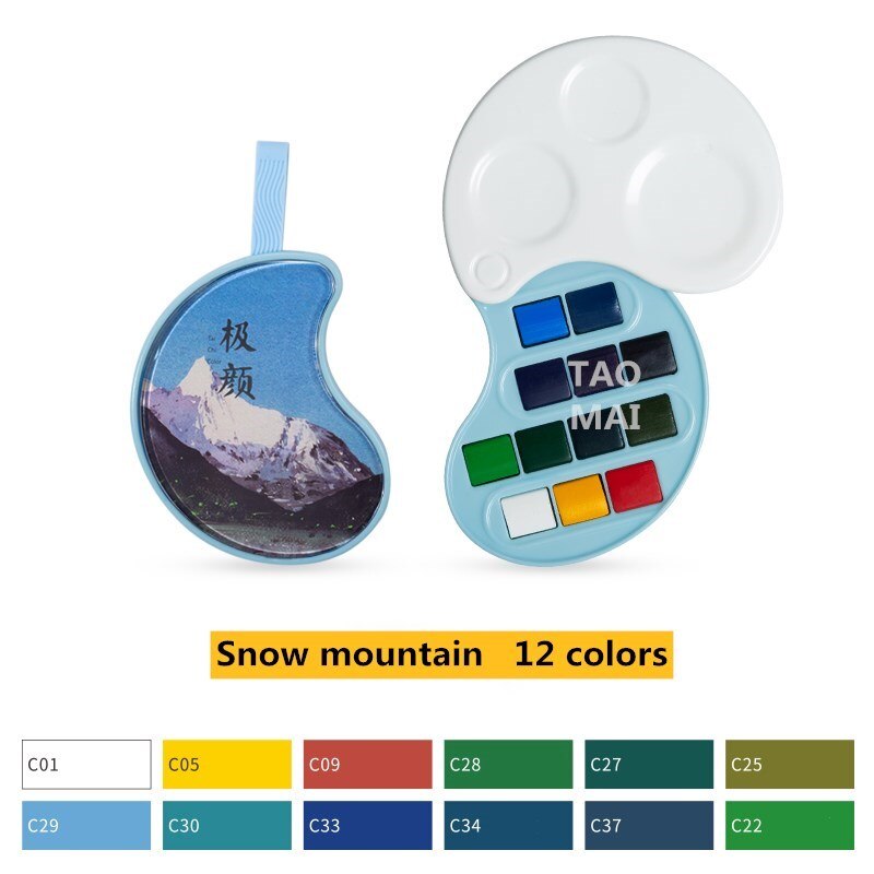 znakomity mini stałe farby akwarelowe zestaw podróży przenośne farby akwarelowe z paletą gąbka akcesoria robić malowania: mountain 12 zabarwienie