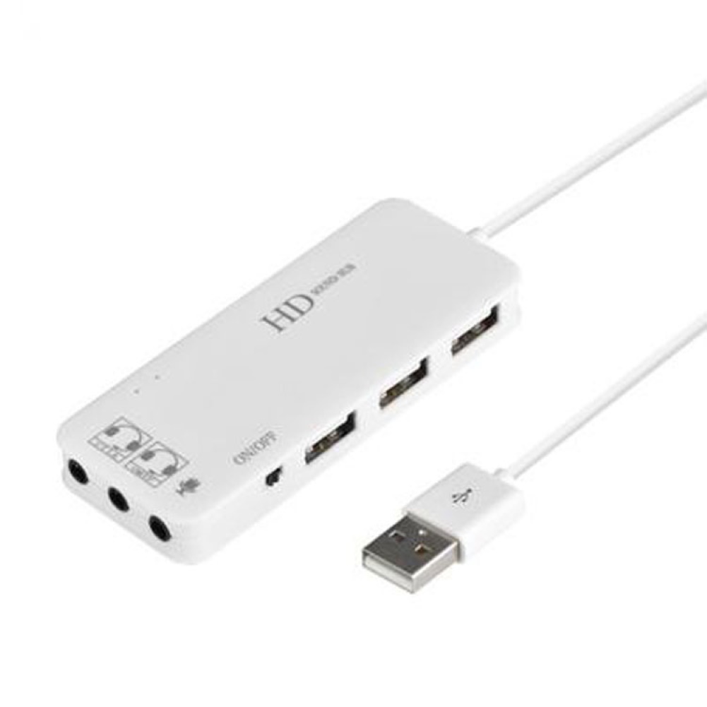 Multi USB Sound Adapter Microphone 7.1 Channel Sound Cards Interface Splitter USB HUB 2.0 3 Ports Card Reader for laptop PC: White