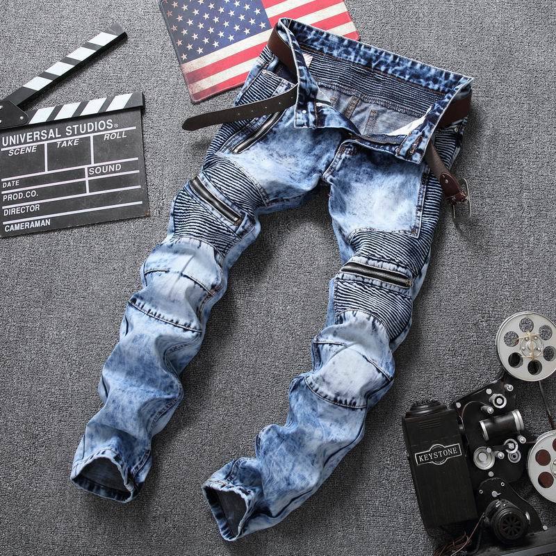Biker Jeans Men's Distressed Stretch Ripped Biker Jeans Men Hip Hop Slim Fit Holes Punk Denim Jeans Cotton Pants