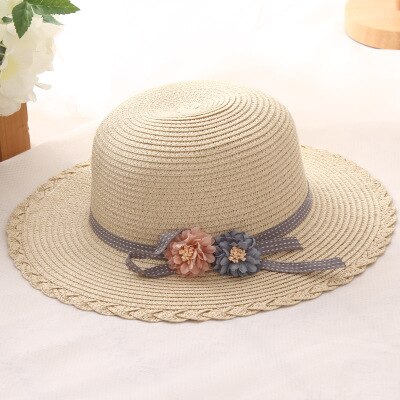 Sommer børn solhatte sløjfe stråhat til piger børn ferie strand panama hat blomster sløjfe stråhatte detail og: Beige