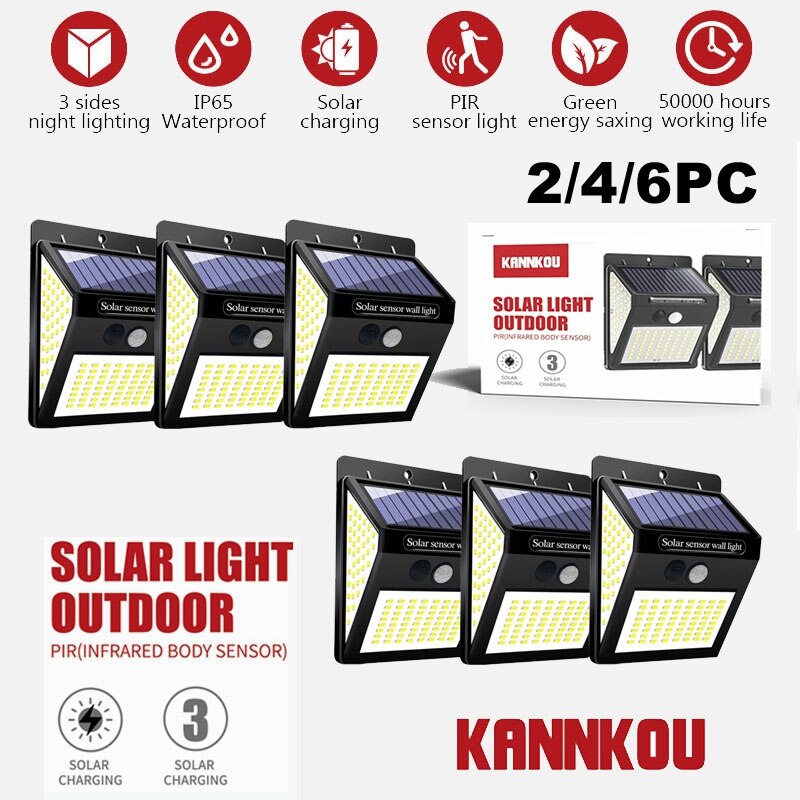 KANNKOU Solar Lights Outdoor 2/4/6PC 150LED PIR Motion Sensor IP65 Waterproof Outdoor LED Wall Light: 6PC-150LED
