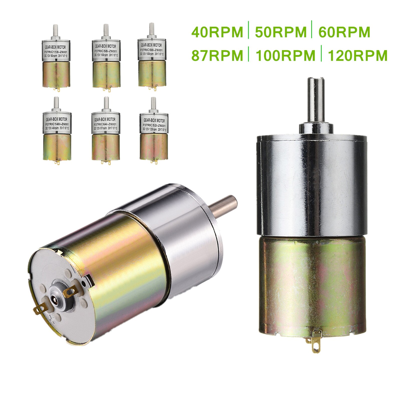 12V High Torque Electric Gear Box Motor Low Speed with 37mm Gearbox 2 Terminal Connectors