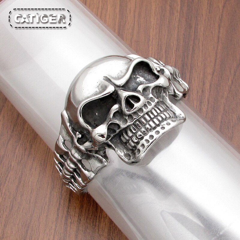 Punk argent couleur noir couleur 316L acier inoxydable gothique Vintage lourd gros crâne os manchette bracelet