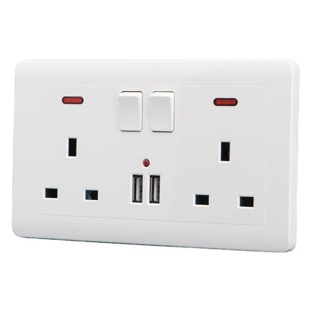 13a Double Wall Uk Plug Socket 2 Gang 13a With 2 Usb Charger Port Outlet Plate White Multifunctional Socket House Decoration: White 2Gang