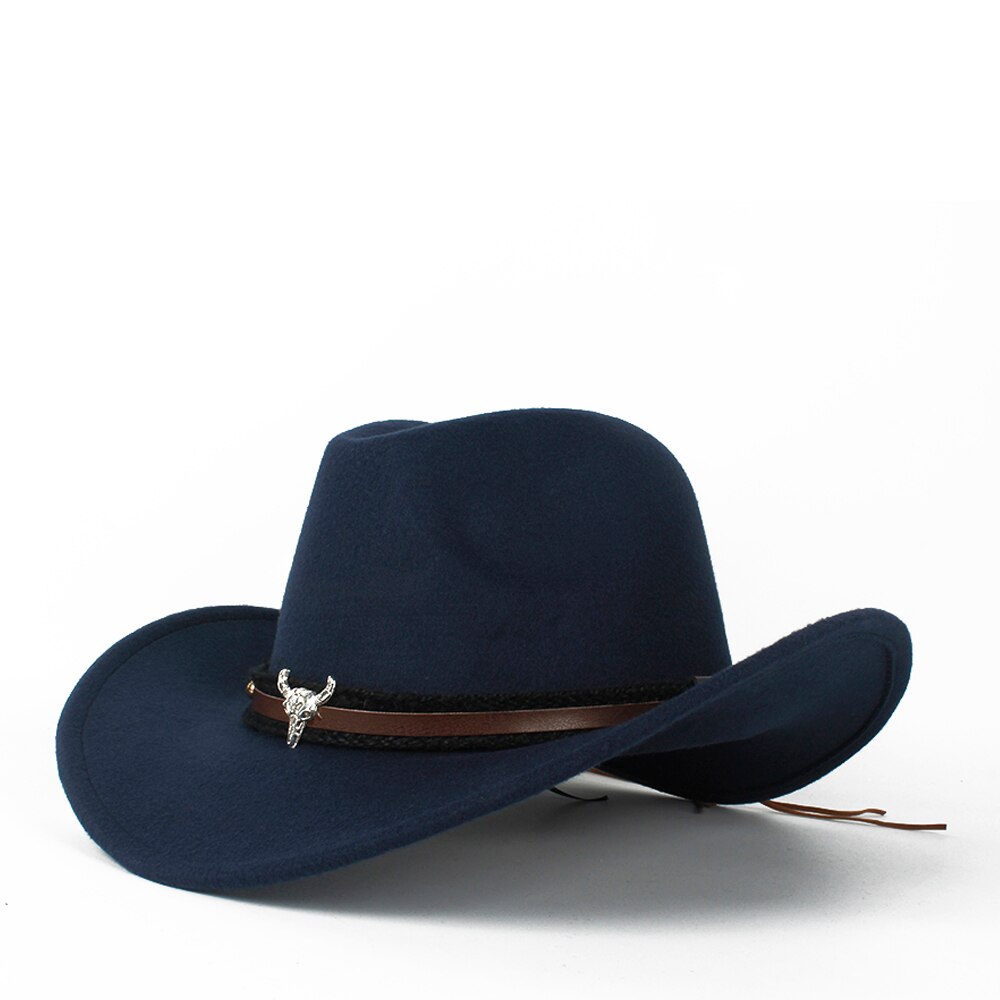 Child Kids Wool Hollow Western Cowboy Hat Roll-up Brim boy girl Outblack Sombrero Hombre Jazz Cap: Dark Blue