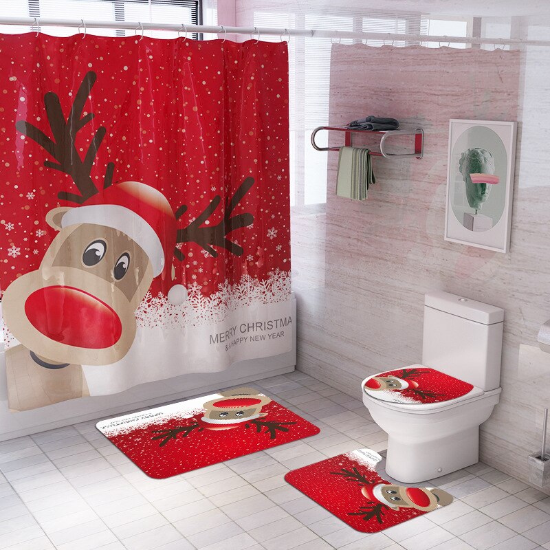 Zeegle Kerst Badmat En Douchegordijn Set Antislip Douche Floor Mat Absorberende Wc Tapijt Voet Mat Wasbare badmat Set: YL144 and SDS19