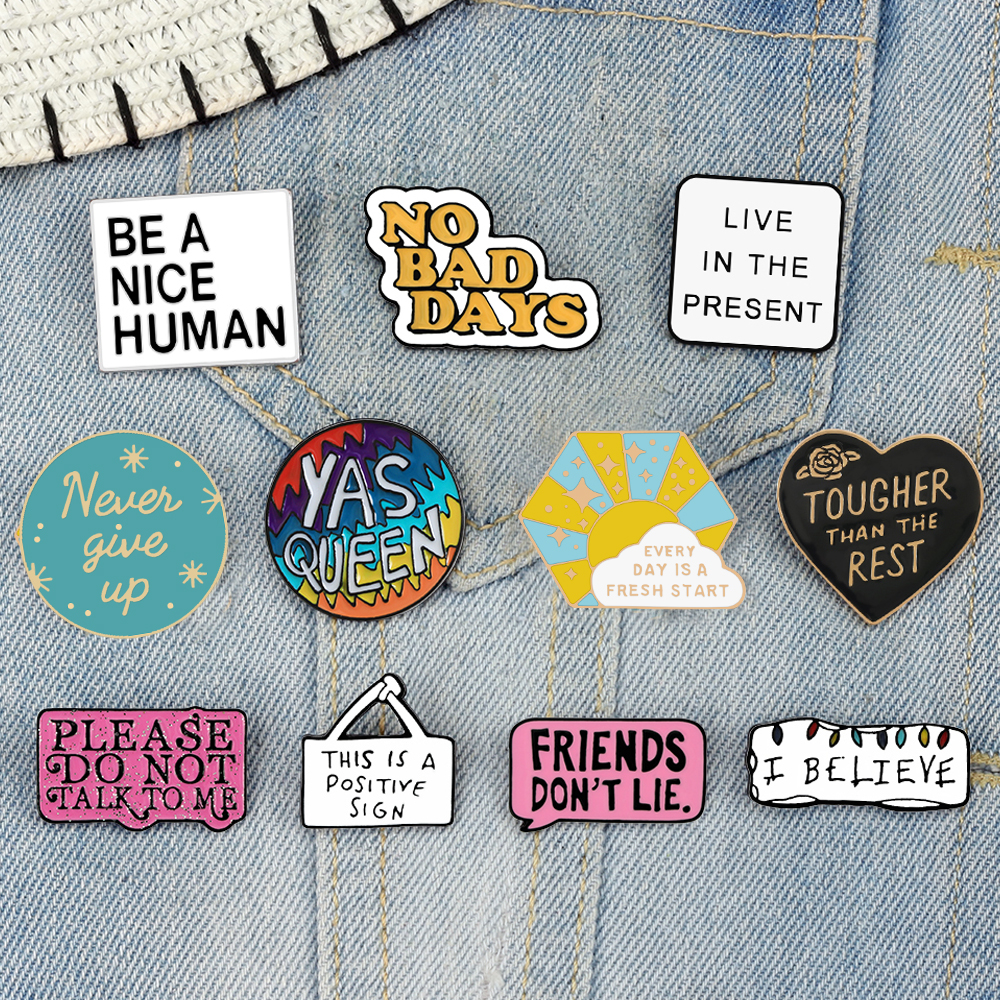 Alfileres esmaltados con citas de lema de la vida, broche 'Nunca Give Up' 'Live in the ', eslogan de pancarta, insignia, de joyería para amigos
