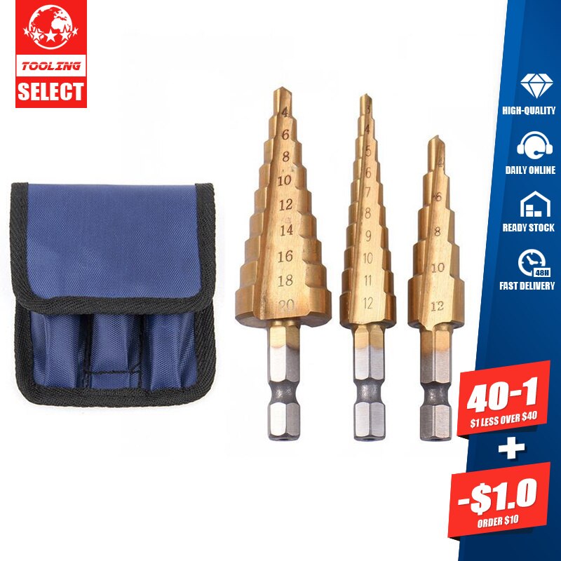 3pc Hss Step Cone Taper center stepped Drill bits Set Metal Hole saw Cutter Metric 4-12/20/32mm 1/4" Ti Coated Metal Hex tools