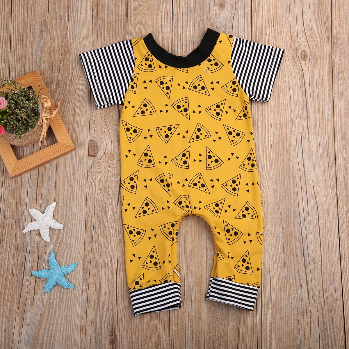 Newborn Toddler Baby Girls Boys Rompers Cookies Print One-piece Romper Striped Yellow Short Sleeve Boy Girl Outfits Clothing