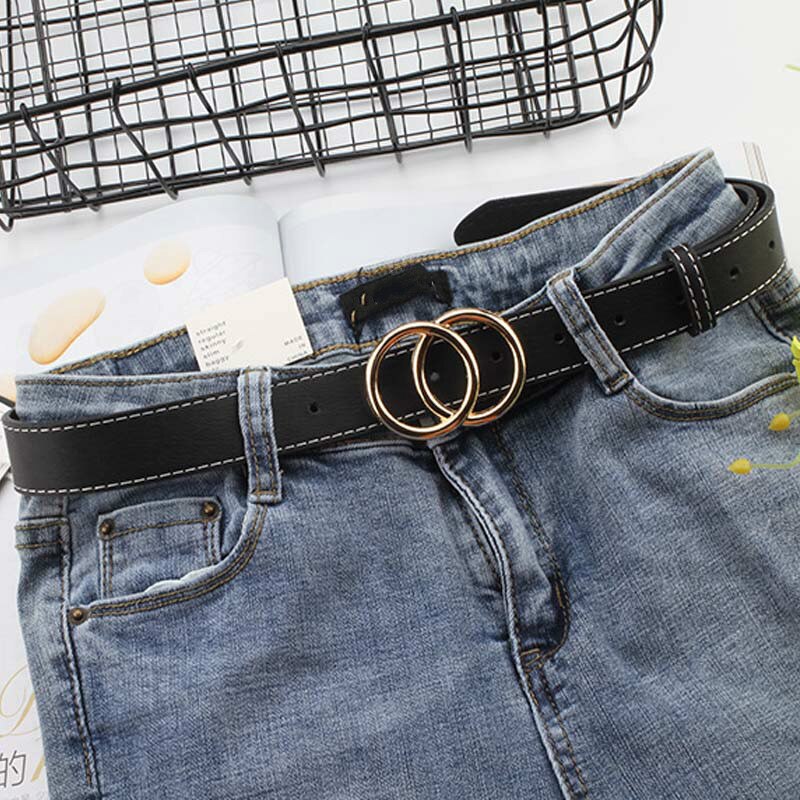 Women Gold Black Silver Big Double Ring Circle Buckle Belt Waistband Female Ladies Wide Leather Straps Belts for Jeans