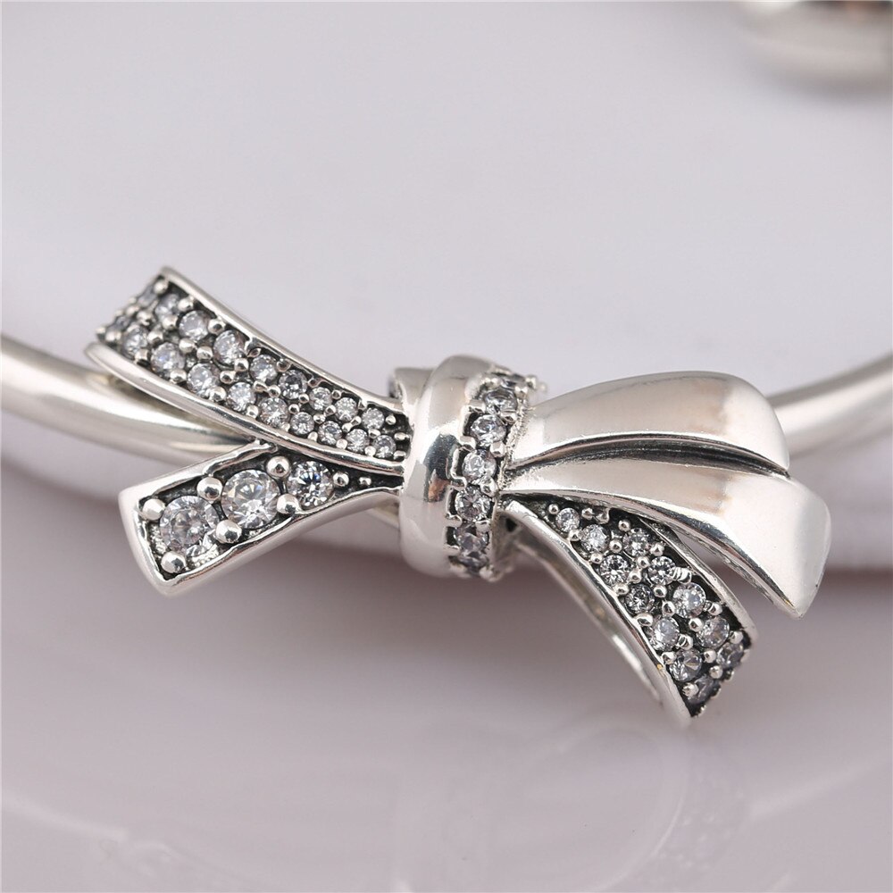 Echtes 925 Sterling Silber Perle Charme Funkelnden Übergroßen Brillante Bogen Mit Kristall Perlen passen Frauen Pfanne Armbinde & Neckla