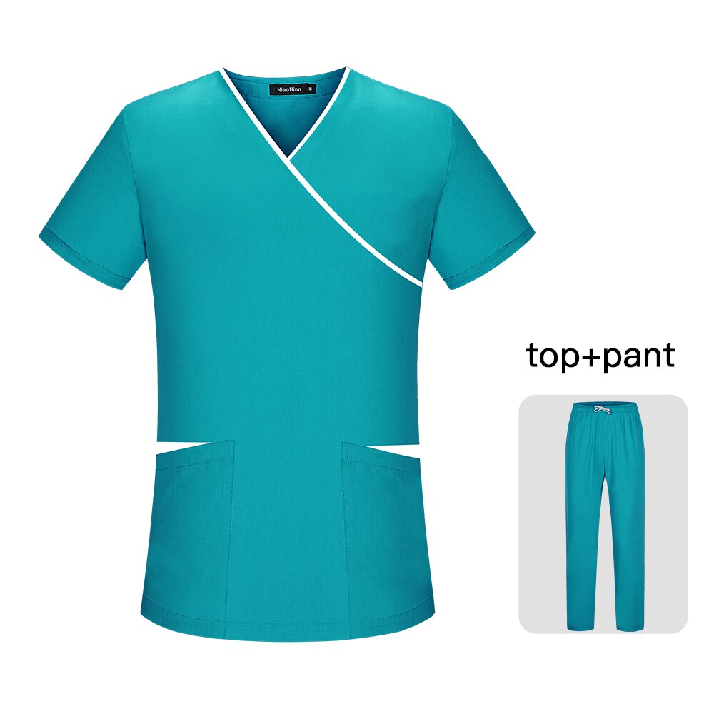 Cuello en V Spa uniformes Set tops + Pantalones de los hombres y las mujeres de manga corta uniformes exfoliantes de laboratorio Servicio de Salud UNIFORME DE TRABAJO ROPA: Lake blue / L