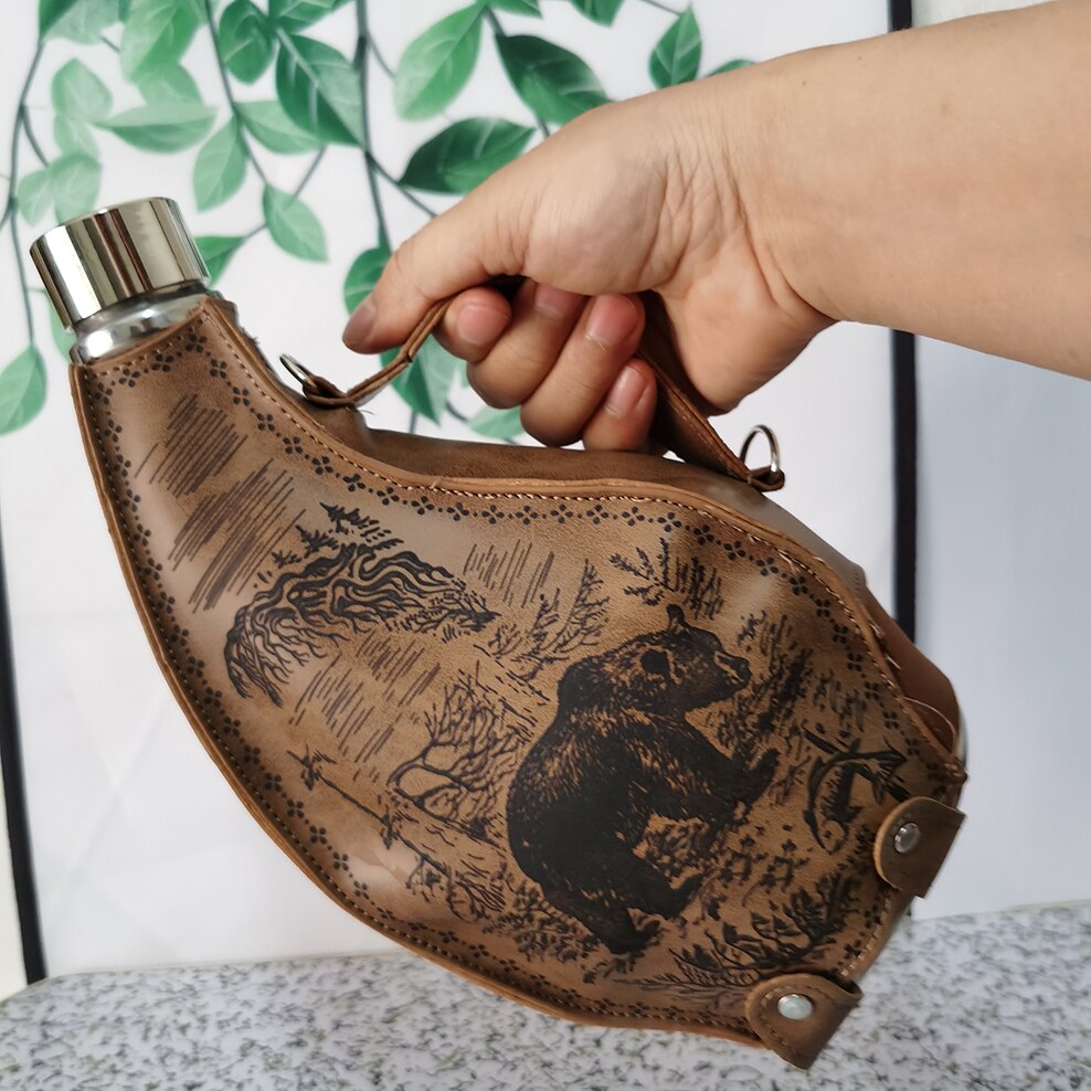 ENERGE SRPING 53oz Stainless Steel Horns Hip Flask Portable Ox Horn Flagon With Leather Case Transfer Funnel Alcohol Flasks