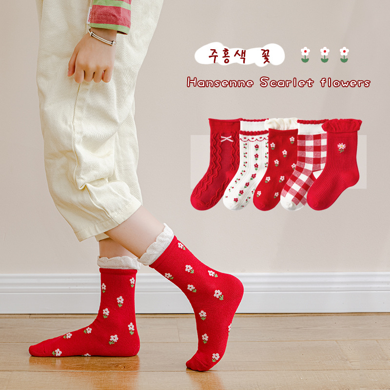 Calzini per bambini calze a forma di fiocco con motivo a fiori calze di pizzo rosse calze per studentesse stivali per neonati Kinder Socken