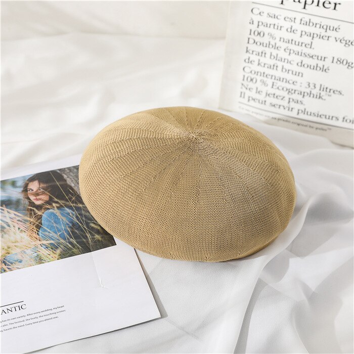 Spring Summer Breathable Hat Ladies Cotton Linen Solid Candy Color Beret French Artist Knitted Beret: 16