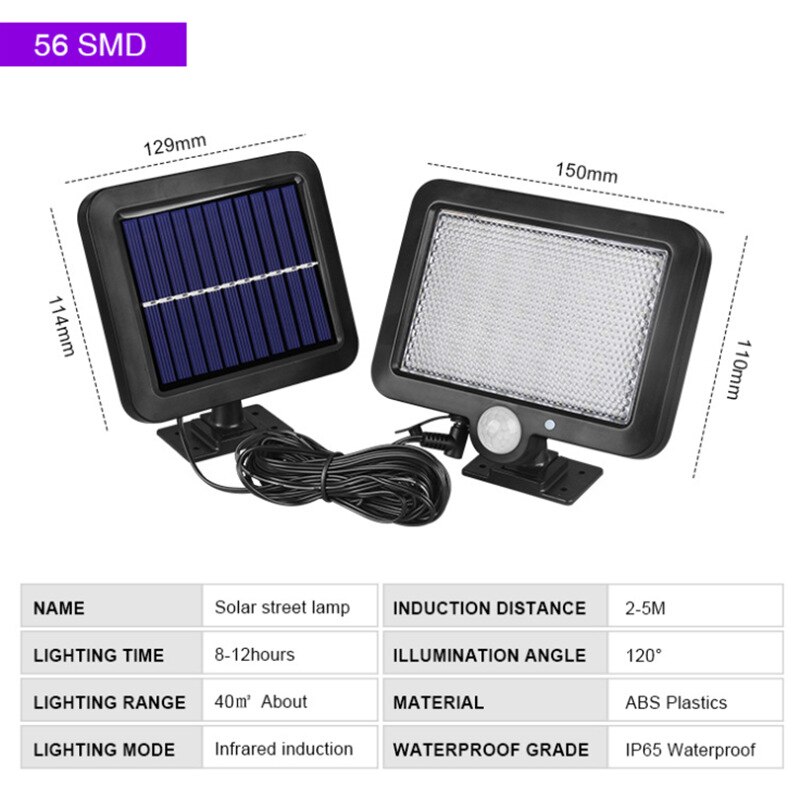 Pir bevægelsessensor outdooe gadelys solpanel strøm 30w 600lm cob 120/100 led vandtæt sollys væg have solcellelamper: Smd 56 lysdioder