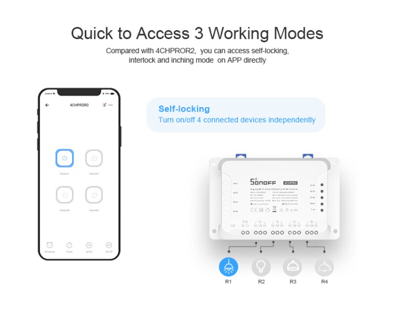Sonoff 4ch pro  r3 smart wifi switch 4 gang 3 arbejdstilstande inching interlock smart home ewelink app arbejde med alexa google home
