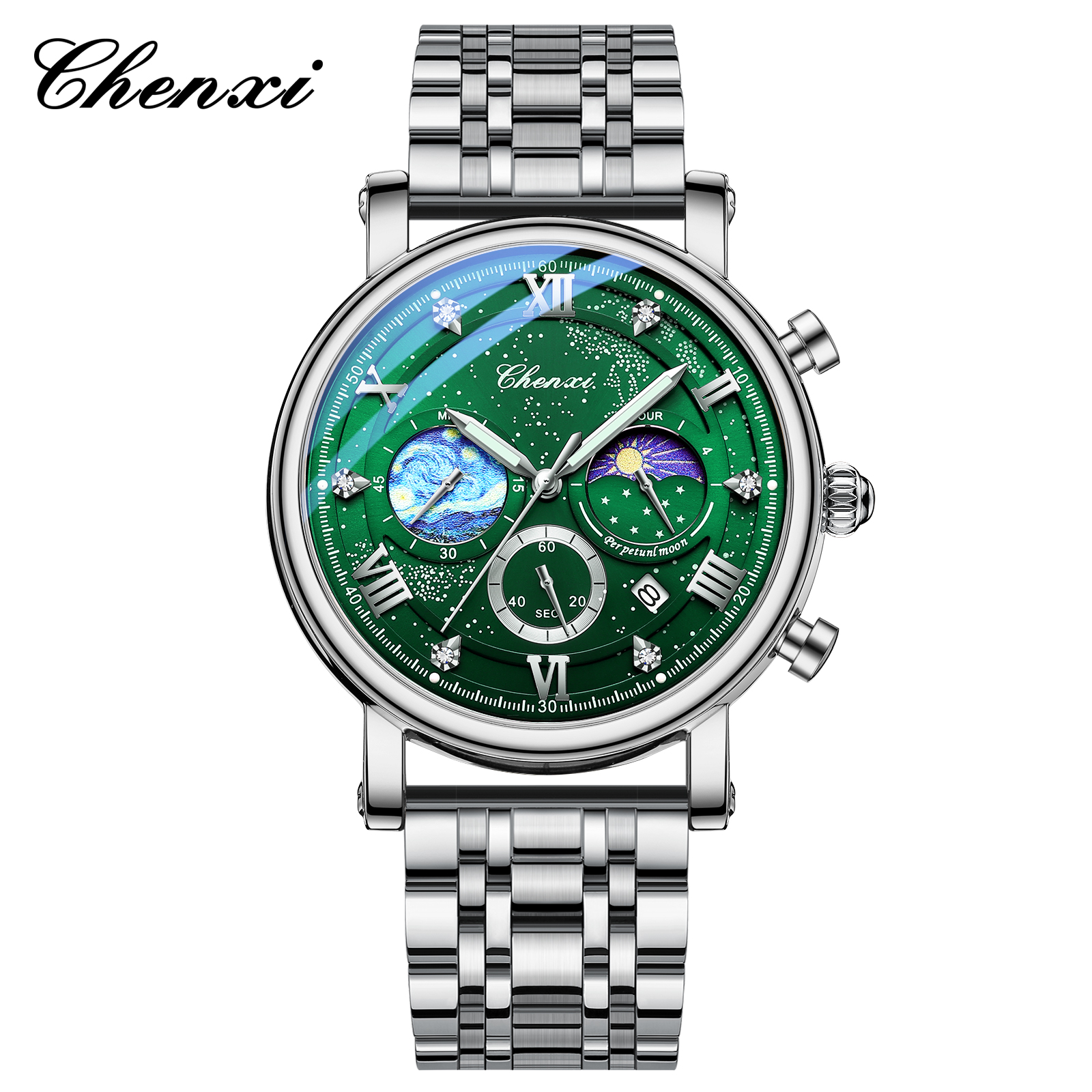 Chenxi herreur multifunktionel kronograf månefase dato quartz ure til mænd himmelsk urskive rustfrit stål armbåndsur: Grøn