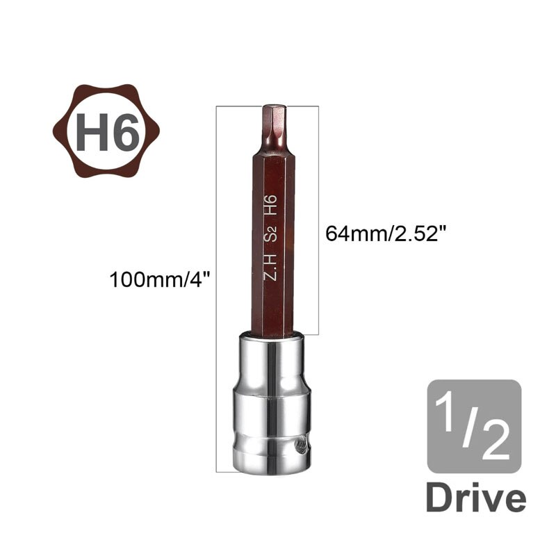 1/2" Drive x 4mm 5mm 6mm 7mm 8mm 10mm 12mm 14mm Hex Bit Socket, Standard Metric, S2 and Cr-V Steel 100mm Length: 100LxH6MM 1pcs