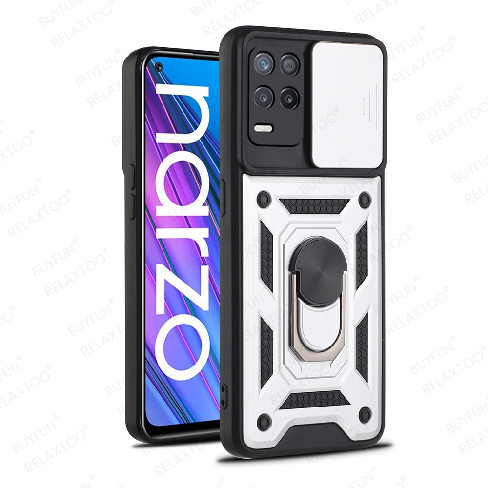 Pokrowiec na Realme Narzo 30 5G etui z pierścieniem uchwyt magnetyczny pancerz odporny na wstrząsy Coque Realmi Narzo30 5G 6.5 &#39;&#39;Push Camera Protect Funda: For Narzo 30 5G / Siliver-02