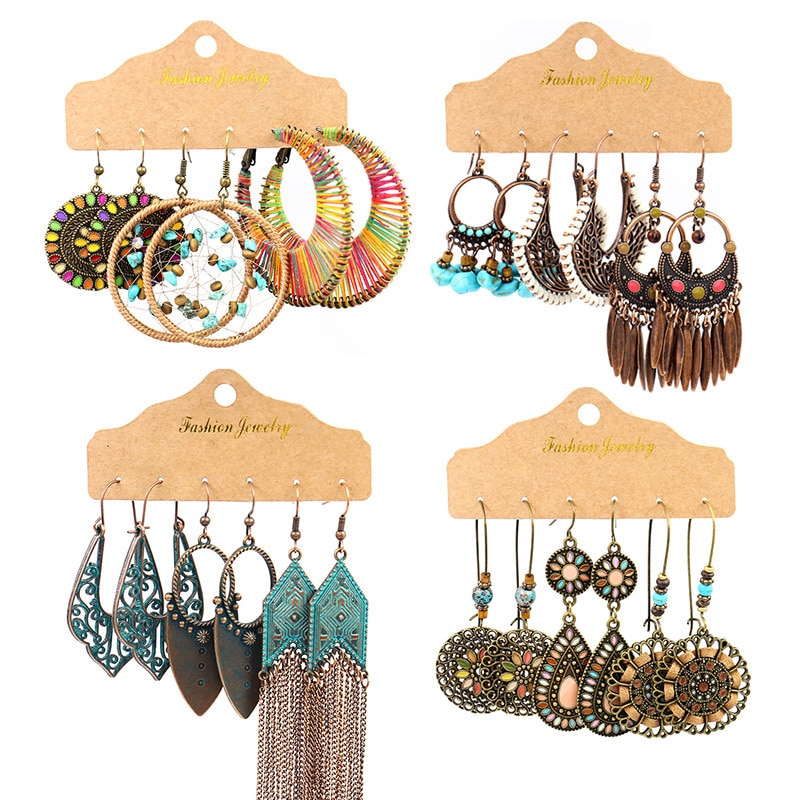 Boho rond grand ensemble de boucles d'oreilles à la main pour femme géométrie creux motif décoratif gouttes d'huile gouttes d'huile gland longue boucle d'oreille