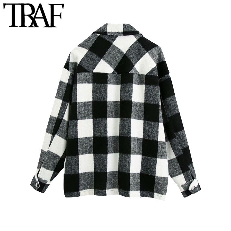 Traf dames oversized geruite jas jas vintage lange mouwen zakken dames bovenkleding chique tops