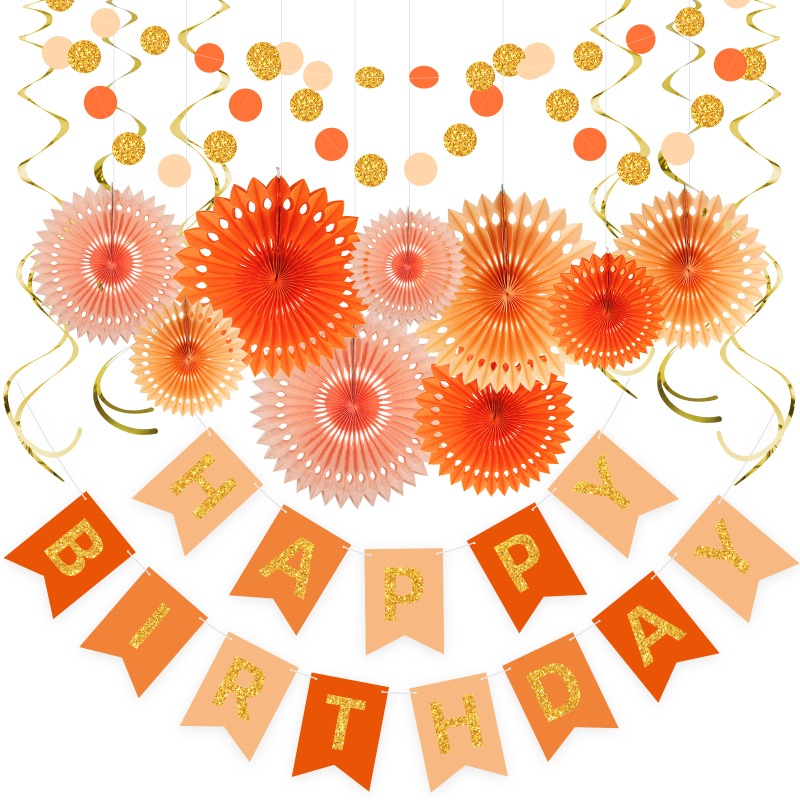 Orange Happy Birthday Banner Decorations Boho Happy Fall Birthday Party Paper Garland Pompom Flower Fan Tassel Streamer Supplies