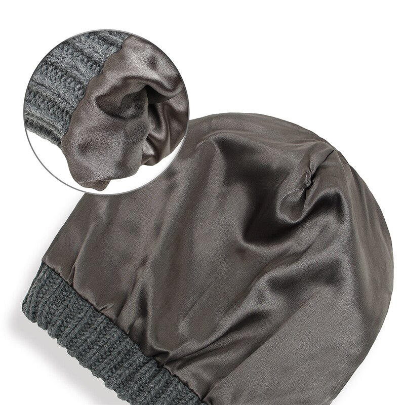 Winter Stricken Woolen Beanie Hüte für Frauen Silk Satin Gefüttert Chunky Kappe Weiche Stretch Kabel Stricken Warme Alle-spiel slouchy Sport Hut