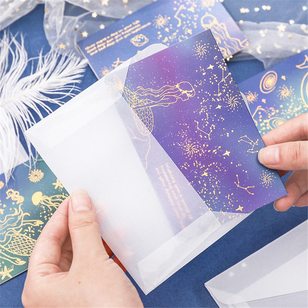 2Sets Doorschijnende Zuur Papier Vergulden Enveloppen Bruiloft Uitnodiging Kaart Cartoon Mermaid Party Postcard Kerstmis Supply Bag