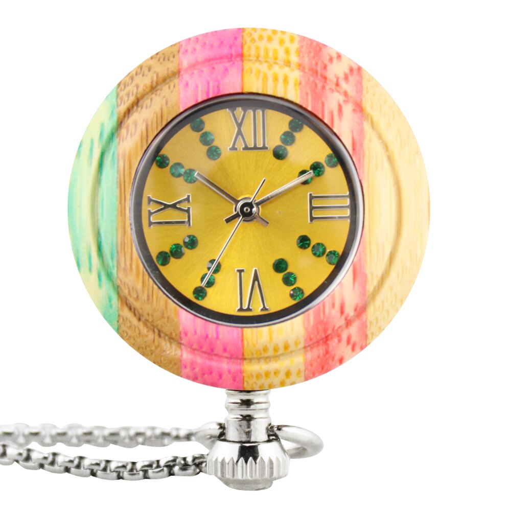Novel Colorful Bamboo Wood Quartz Pocket Watch Arabic Numerals Round Dial Wooden Pendant Pocket Clock Men Women with Chain: A