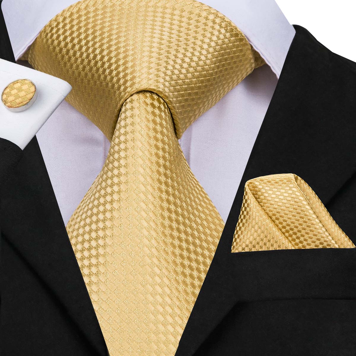 Hi-tie mænd slips silke slips business guld slips og lommetørklæde manchetknapper sæt jakkesæt bryllupsfest gul mænd slips sæt