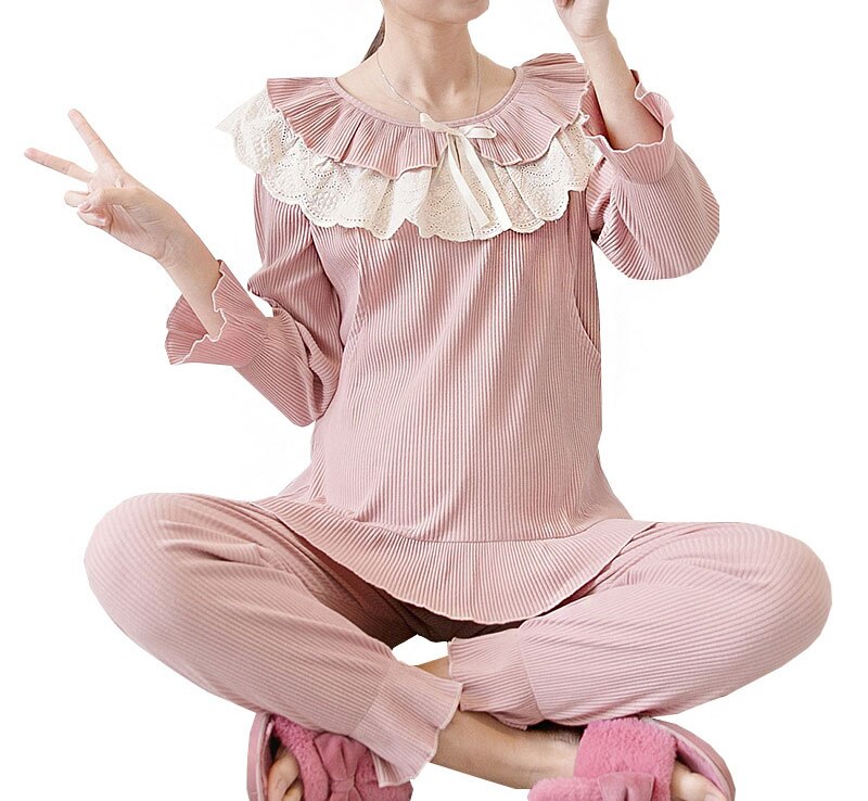 Bomuld ammende gravide natkjoler fuldærmet barsel amning nattøj sæt til graviditet kvinde pyjamasdragt: Lyserød / M