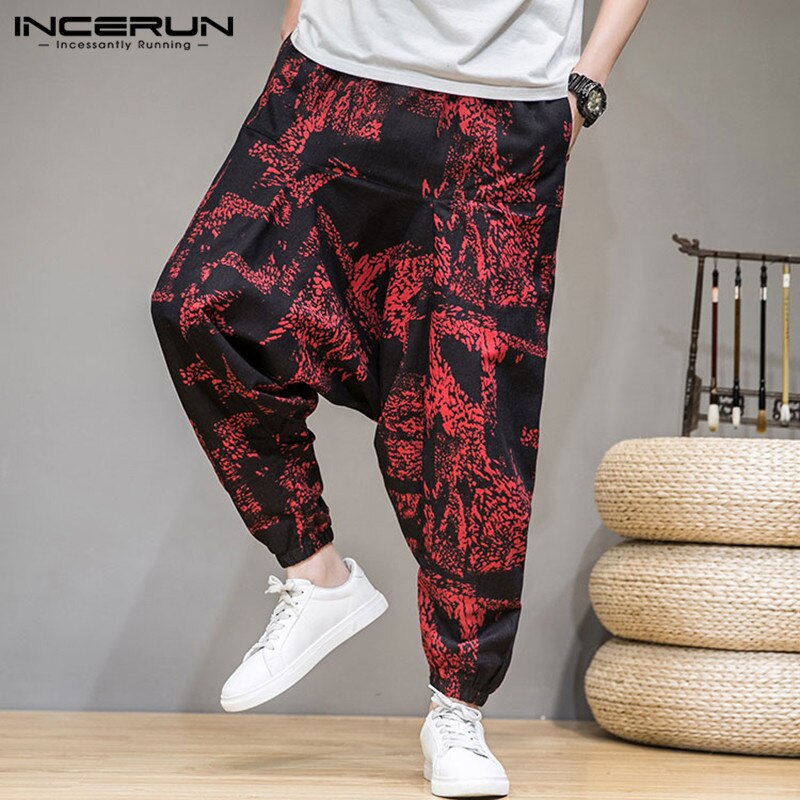 Incerun moda masculina impresso harem calças casual bolsos soltos joggers cintura elástica pantalon 2020 calças drop-virilha streetwear