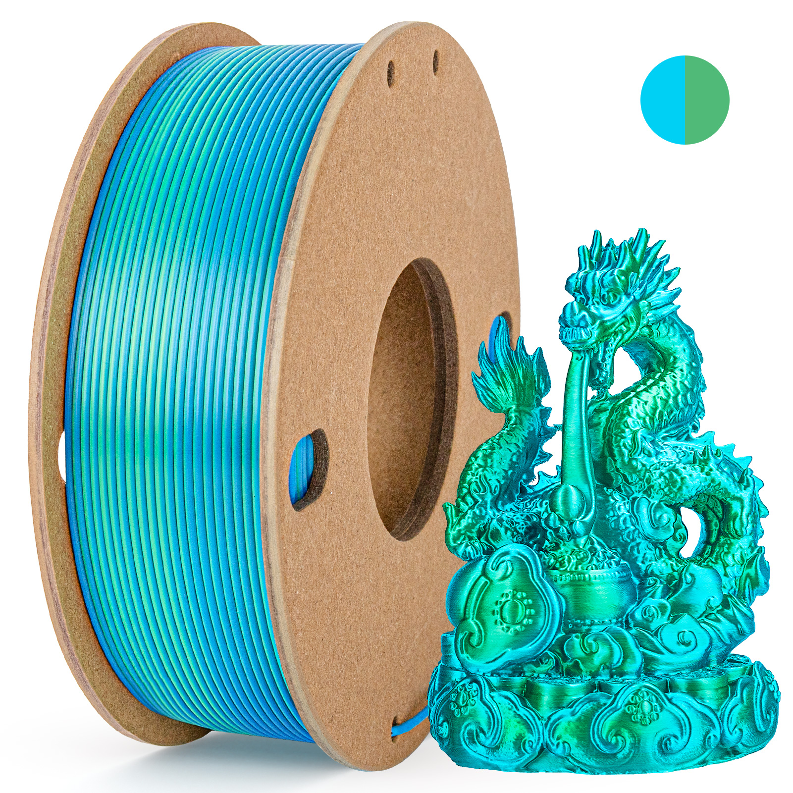 Seiden-PLA-3D-Drucker-Filament, 1,75 mm, 250 g, zweifarbiges 3D-Druckfilament, PLA-3D-Druckfilament, 2-in-1-Farbe, Himmelblau, Grün: Ursprünglich Titel