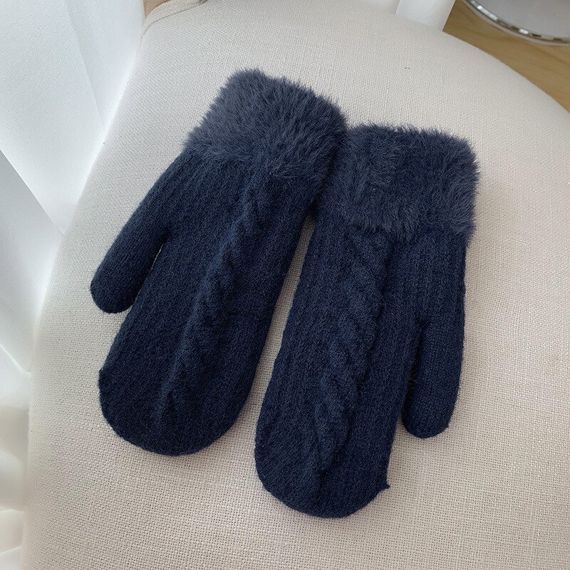 Luvas de tricô grossas femininas para inverno, luvas de lã de ciclismo com dedos inteiros, estilo japonês fofas, adoráveis: navy blue