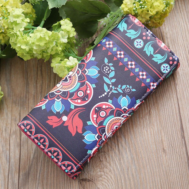 Damesportemonnee lang nationale stijl bedrukte portemonnee pu leren creditcardhouder clutch: B