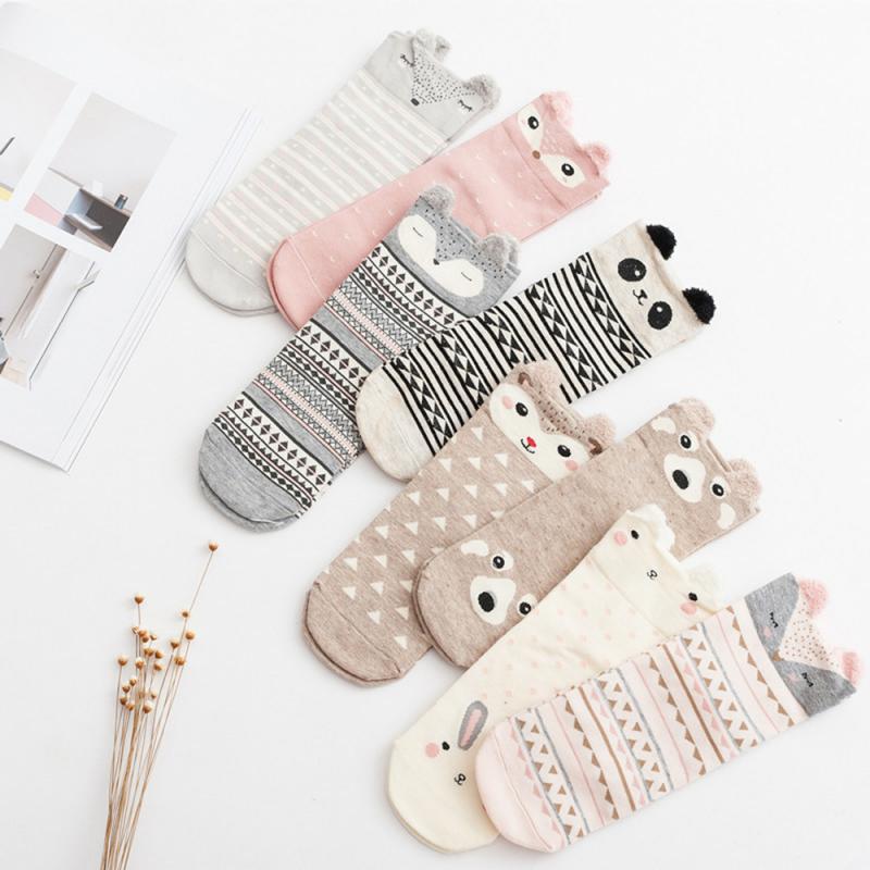 Cute Panda/Rabbit Stereo Ear Cartoon Cotton Socks Women Animals Cat Character Funny Kawaii Meias