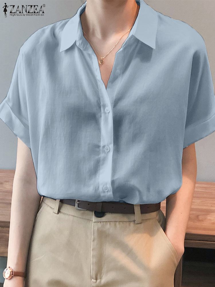 ZANZEA-camisas de gran tamaño para mujer, Tops lisos holgados a la , Blusa de manga corta, Blusas informales con botones lisos 2023: 5 XL / Azul