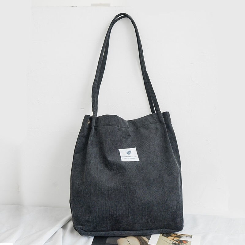 Women Canvas Tote Bag Corduroy Shopping Female Eco Cloth Handbag Big Women Folding Shoulder Reusable Foldable Shopper Bags: Black