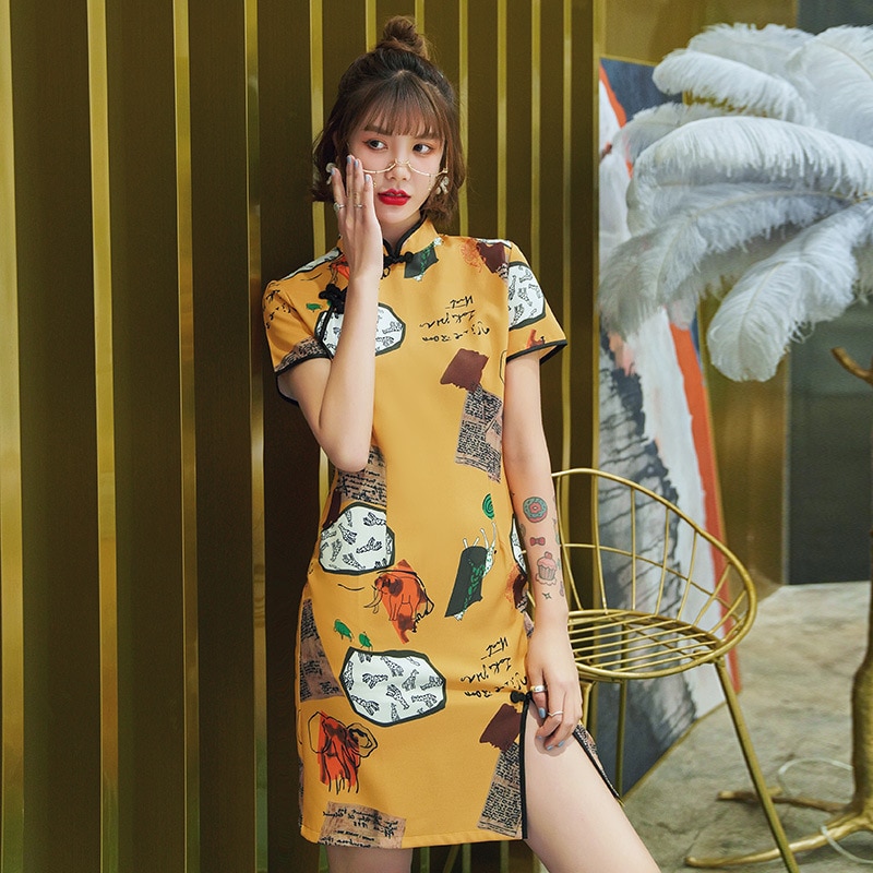 Sheng Coco-vestido Cheongsam elástico para mujer, prenda corta Oriental elástica, Qipao